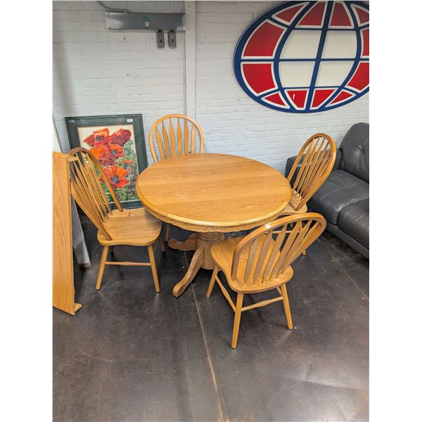 Country Style Blonde Oak Pedestal Dining Table w/ Leaf And 4 Chairs