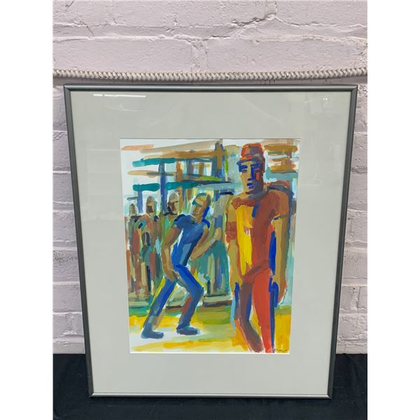 G. Morrison Artist Signed Original Framed Painting Abstract Scene of People 17" x 21" Workers Board