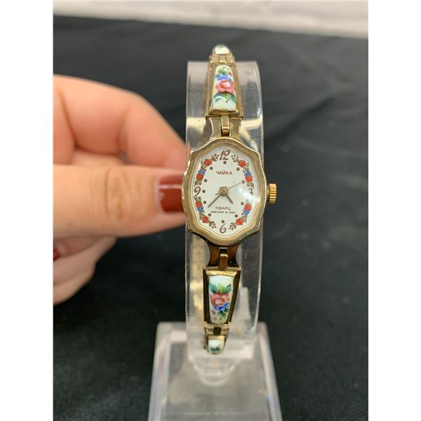 Russian Women's Wristwatch Gold Tone with Floral Porcelain Inlays, USSR