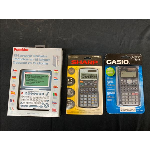 Lot of 3 Calculators Sharp and Casio, Franklin Language Translator Packaged New Old Stock