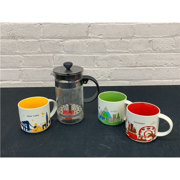 Lot of 3 Starbucks Mugs Banff, Calgary & New York & Coffee Press