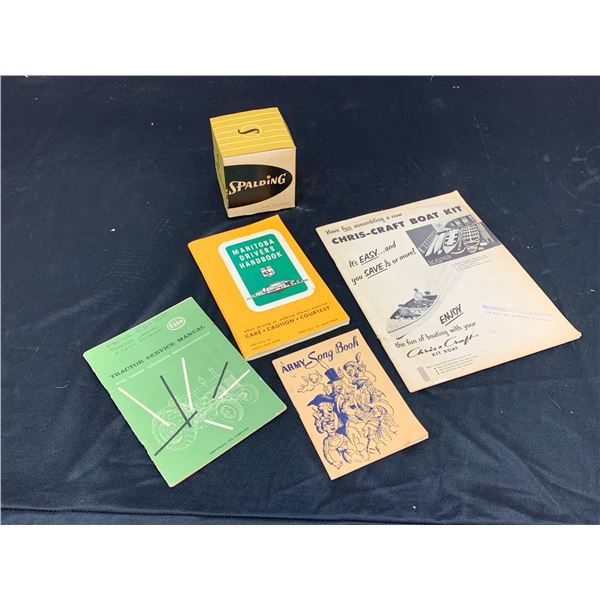 Lot of Vintage Books Chris Craft Boat Kit, Manitoba Drivers Handbook, Army Song Book, Softball, ect