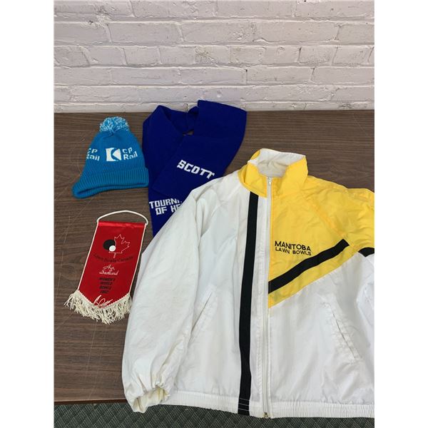 Manitoba Lawn Bowling Windbreaker Jacket, Pennant, CP Rail Beanie, Scarf