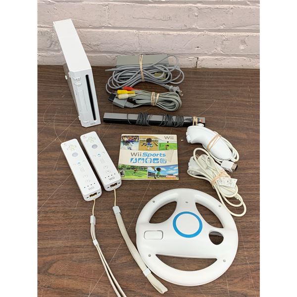 Nintendo Wii 1st Gen Console Bundle 2 Controllers, Nunchuks, Sensor, AV, Power, Wii Sports, Wheel