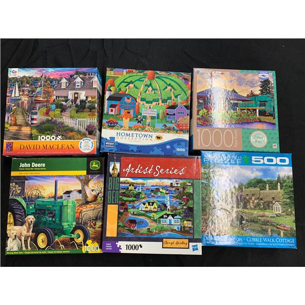 Lot of 6 1000pc Puzzles European, Big Ben, John Deere, USA, ect