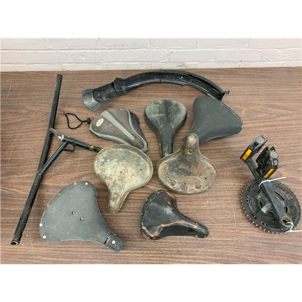 Lot of Vintage Bike Parts Seats, Peddles, Gear, Fenders, Etc