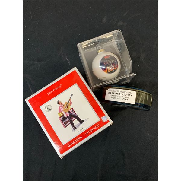 Lot of 3 Elvis Christmas Tree Ornament, KISS Ornament and Mr Bean's Holiday Trailer Film Roll