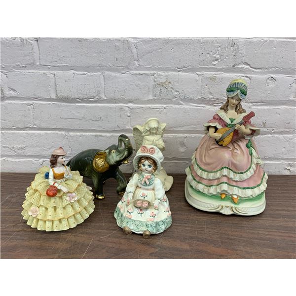 Lot of 5 Porcelain Figurines Lace Girl, Elephant, Angel Candlestick, etc