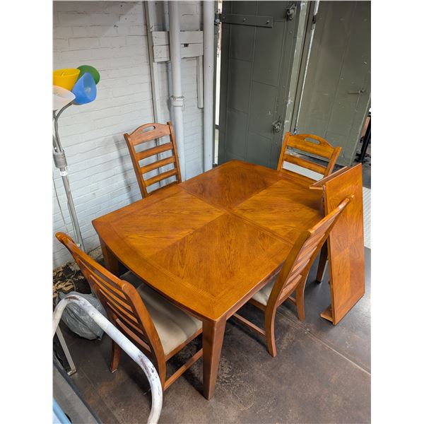 Wooden Dining Room Table w Leaf and 4 Ladder Back Chairs