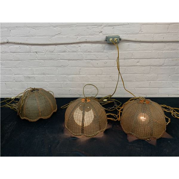 Vintage MCM Swag Chain Woven Rattan Hanging Lamps Set of 3 (1 not working)