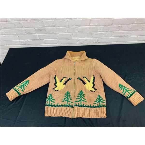 Cowichan Goose Knit Wool Zip-Up Sweater, Lined