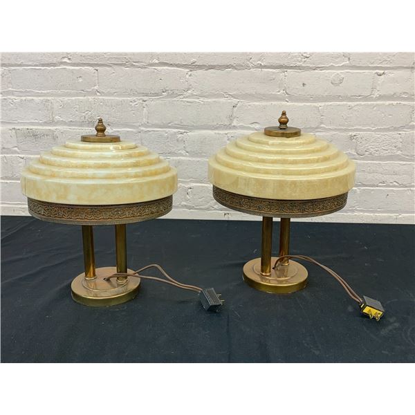Pair of Vintage Art Deco Brass Column Lamps (1 damaged shade)
