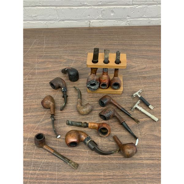 Lot of Wooden Tobacco Pipes and 2 Mens Vintage Razors