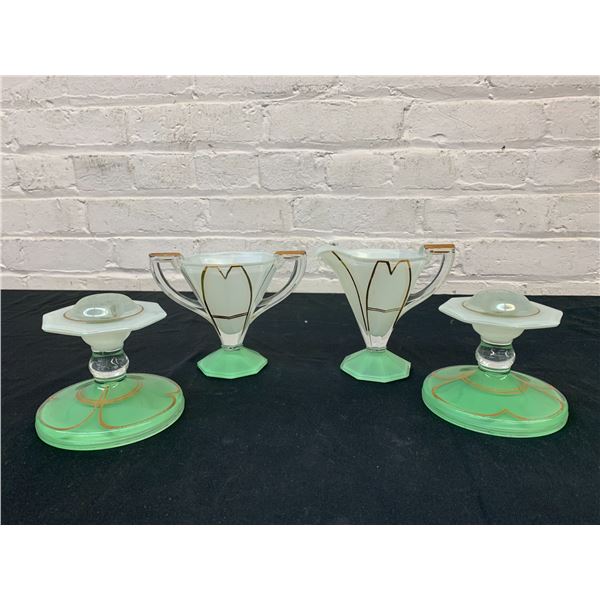 Lot of 4 Art Deco White Milk Glass and Green with Gold Paint Cream, Sugar and Candlesticks