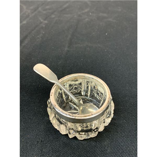 Sterling Silver Rim, Glass Open Salt Jar w Spoon