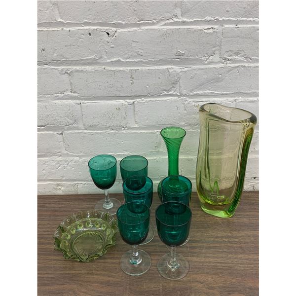 9pcs Green Glass Vases, Cups, Bowl