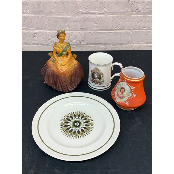 4pcs Fine China Mugs, Plate and Queen Chalkware Figurine