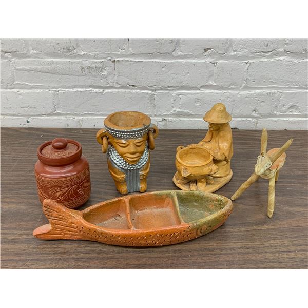 5pcs Folk Pottery, Hide & Fur Animal Figure, African Head, etc