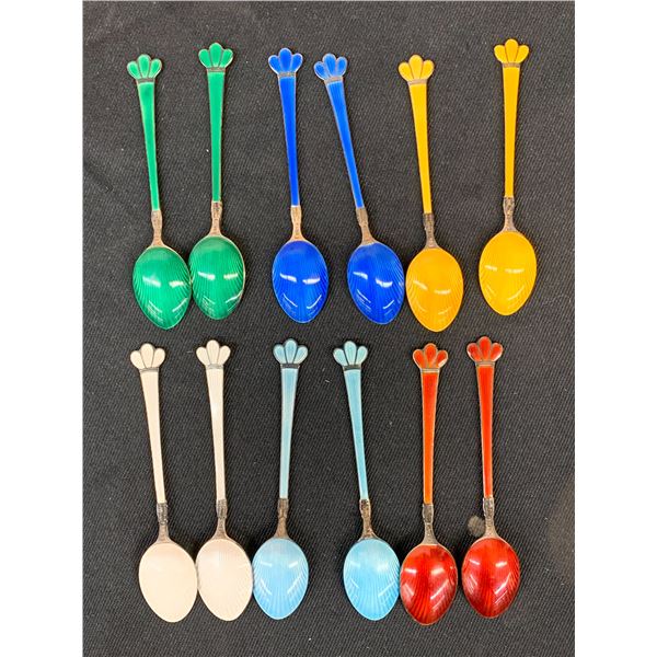 Lot of 12 Denmark Enameled Sterling Silver (120 grams total) Demitasse Espresso Spoons