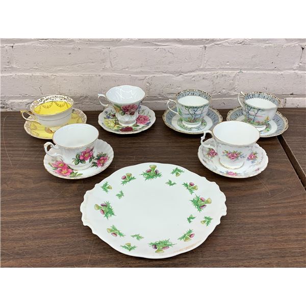 Lot of 6 Royal Albert Fine Bone China Tea Cups and Saucers, Serving Plate