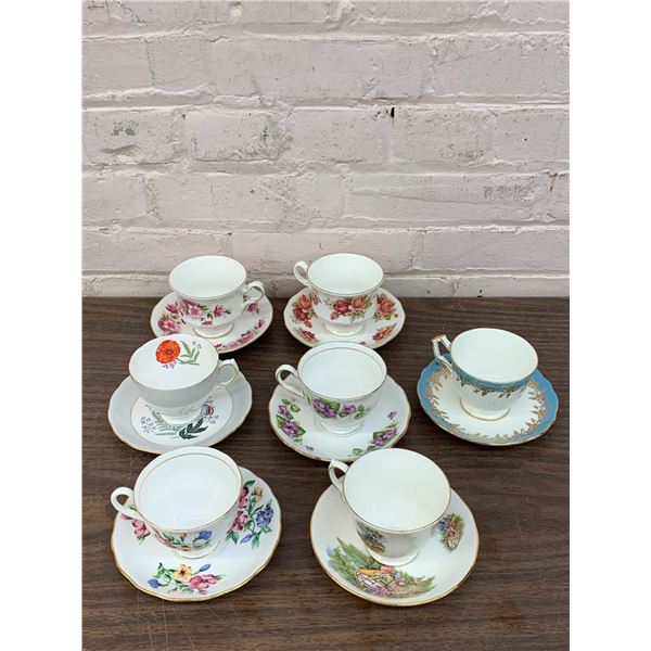 Lot of 7 Tea Cups and Saucers Assorted Brands