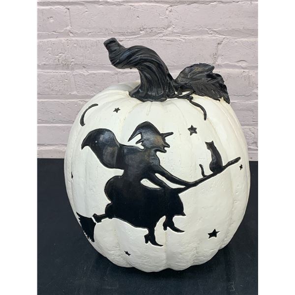 Polystone White Pumpkin Figurine Halloween Decoration with Witch