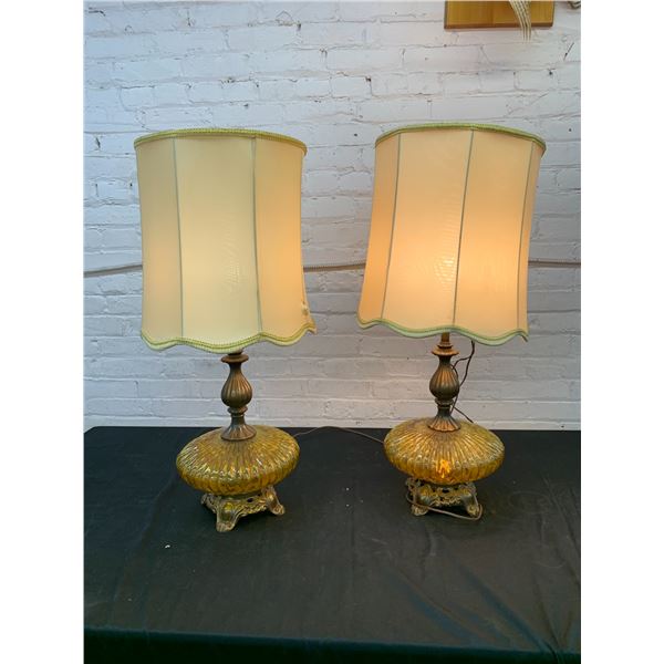 Pair of MCM Amber Glass Fabric Shade Table Lamps