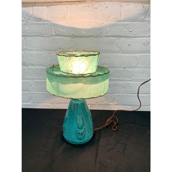 Vintage Mid Century Ceramic Pottery Blue Green Base Table Lamp & Fiberglass Shade
