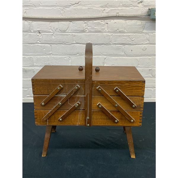 Vintage Fold-Out Tiered Wooden Sewing Box