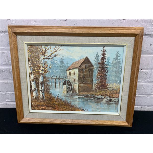 Original Framed Watermill Autumn Scene Painting 21" x 17"