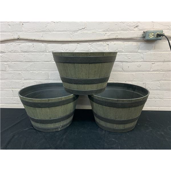Lot of 3 Plastic Barrel Style Planters 9" tall 15" diameter on top