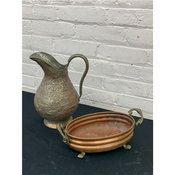 Hammered Copper Pitcher and Copper Footed Oval Dish