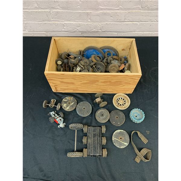 Vintage Toy Car Replacement Parts / Wheels in Wooden Box
