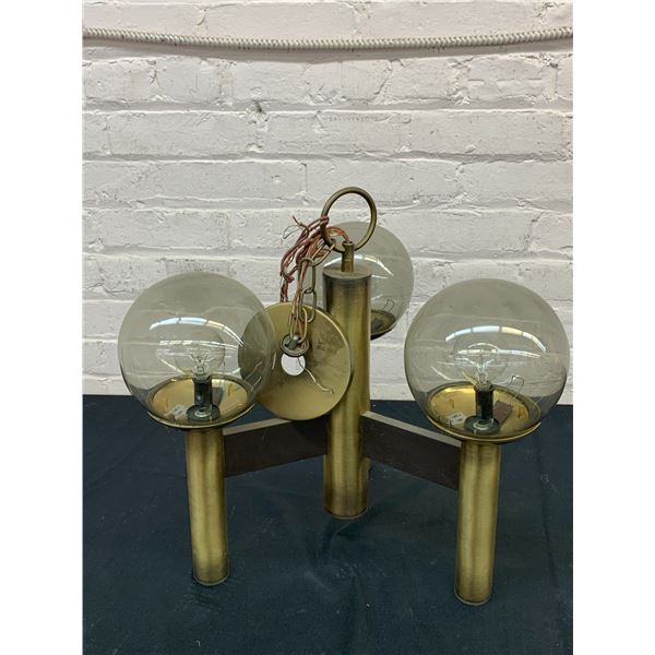 Vintage MCM 3-bulb Smokey Glass Brass Tone Ceiling Fixture