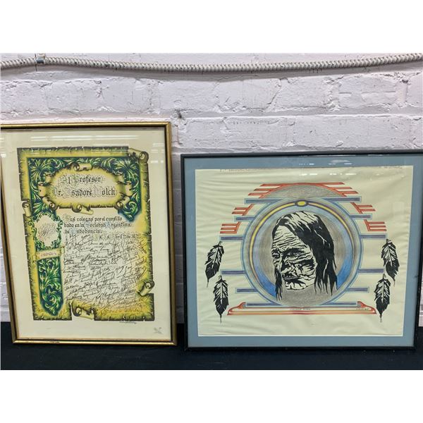 Pair of Wall Art Signed Print & Indigenous Ink Artwork Cheyenne Elder