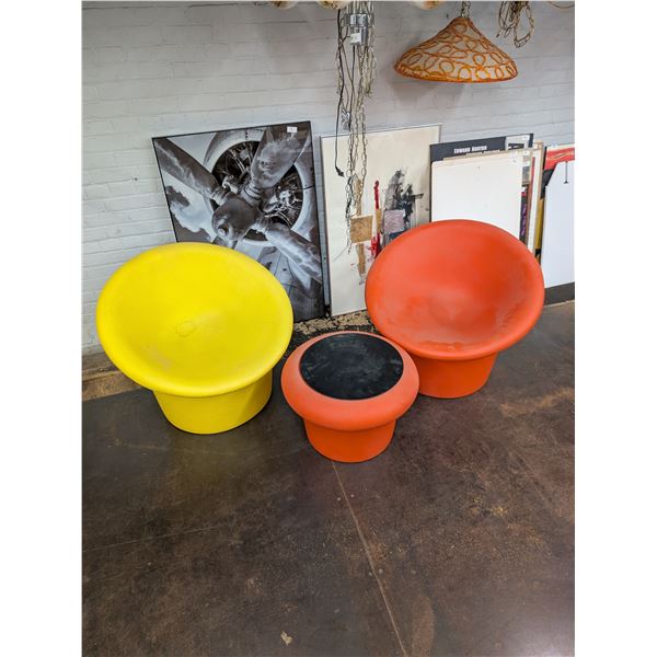 Vintage 1970s Skopa Style Plastic Molded Space Age Lounge Chairs and Side Table Orange and Yellow