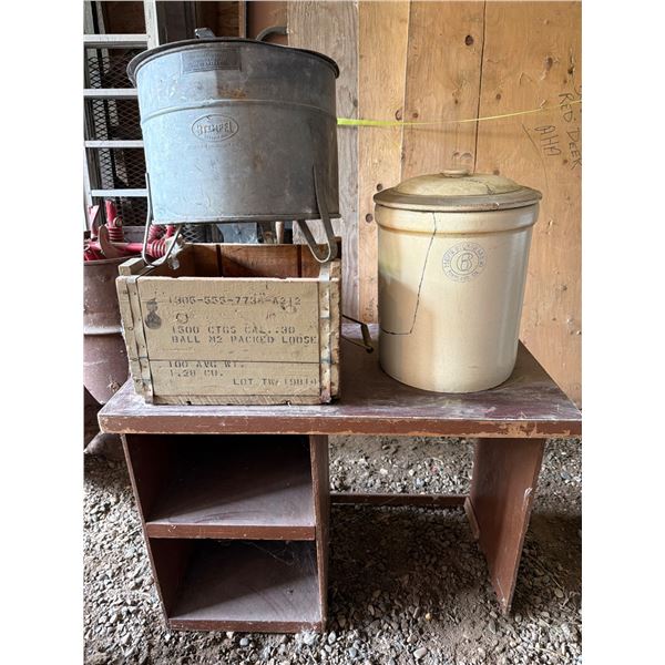 Small Wooden Desk with Pacific Stoneware Co. Crock NO Wooden CrateÂ 