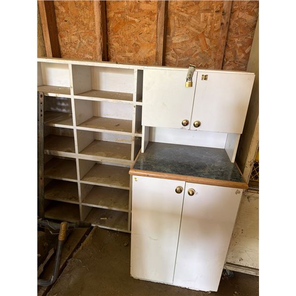 White Wood Shelves and Cabinet with Countertop
