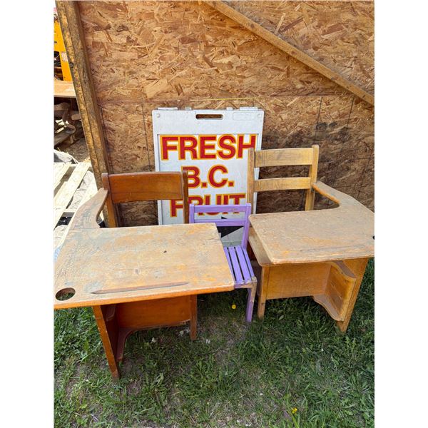 2 Antique Wooden School Desks with Purple Chair