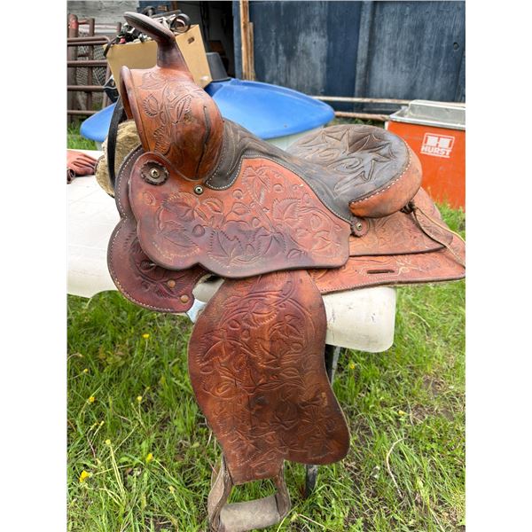 Leather Saddle with Floral Tooling, Marked 653 655-73132
