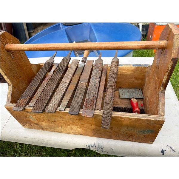 Vintage Wooden Box with Hoof Rasps and Brushes