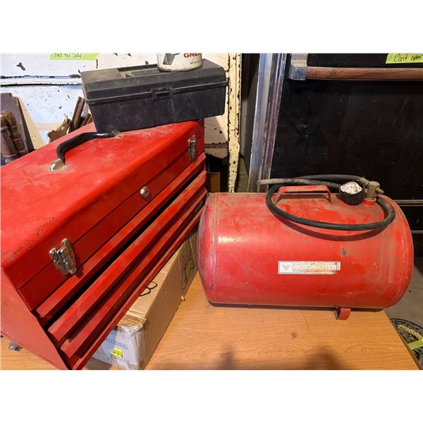 Red Metal Toolbox, Air Tank, and Grease Canister