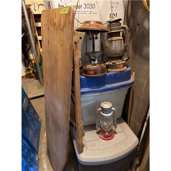 Antique Ironing Board with Three Vintage Lamps