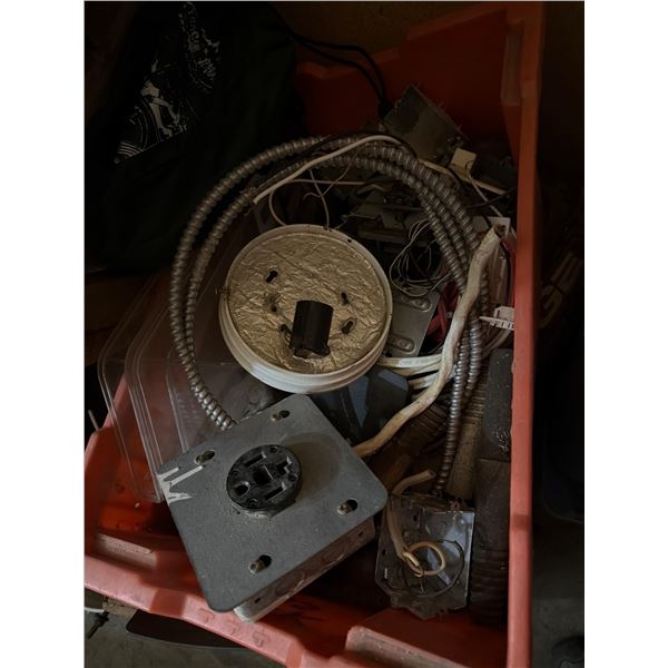 Orange Plastic Bin of Electrical Supplies with Wooden Crate
