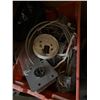 Image 1 : Orange Plastic Bin of Electrical Supplies with Wooden Crate