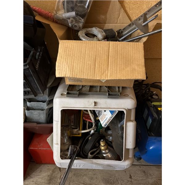 Tools and Hardware in Plastic Tote and Cardboard Box