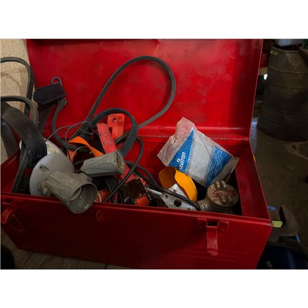 Red Metal Toolbox and Assorted Construction Supplies