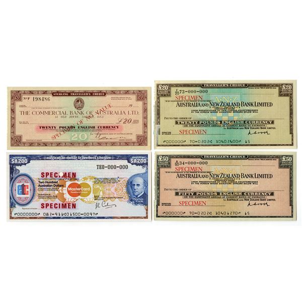 Australia & New Zealand Specimen Traveler's Checks, ca.1950 to 1970s, Quartet.