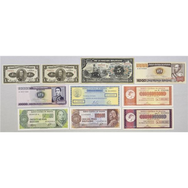Bolivia. National Bank and Central Bank of Bolivia, 1911 to 1985, Issued Banknote Assortment.