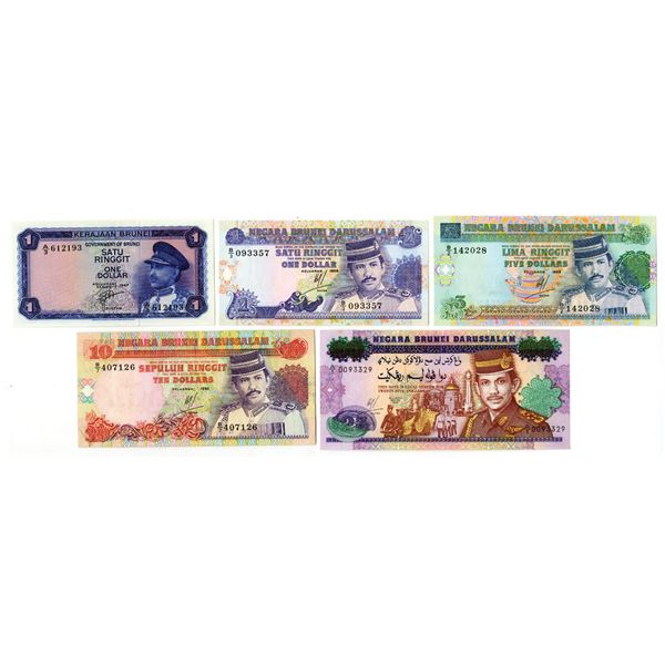 Brunei. Government of Brunei and Negara Brunei Darussalam, 1967 to 1992, Issued Banknote Assortment.